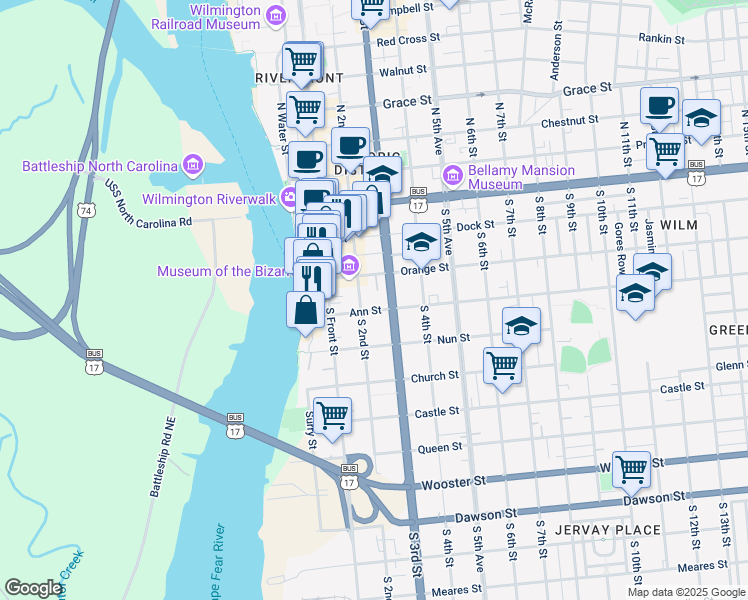 map of restaurants, bars, coffee shops, grocery stores, and more near 302 South 3rd Street in Wilmington