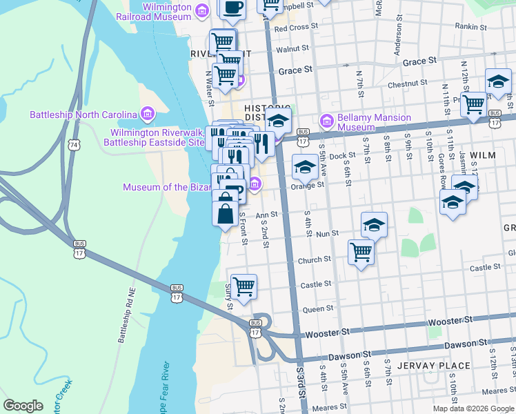 map of restaurants, bars, coffee shops, grocery stores, and more near 112 Ann Street in Wilmington