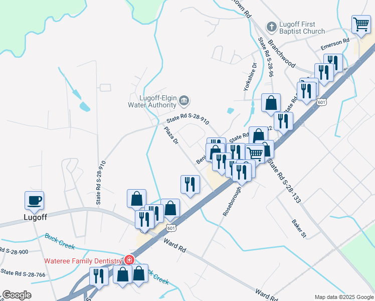 map of restaurants, bars, coffee shops, grocery stores, and more near 39 Plaza Drive in Lugoff