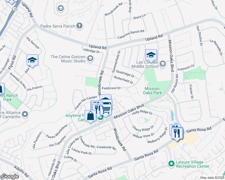 map of restaurants, bars, coffee shops, grocery stores, and more near 5316 Fieldcrest Drive in Camarillo