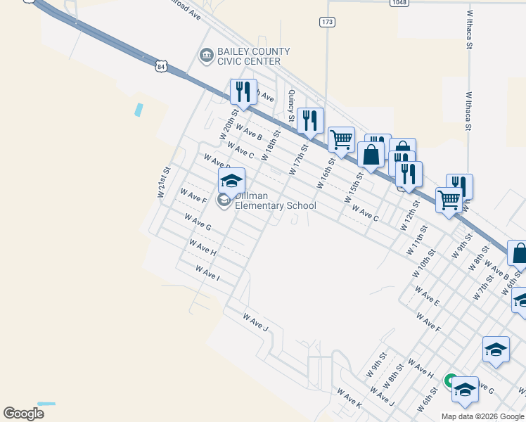 map of restaurants, bars, coffee shops, grocery stores, and more near 1700-1728 W Ave F in Muleshoe