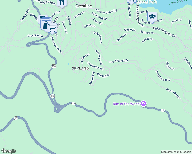map of restaurants, bars, coffee shops, grocery stores, and more near 1148 Saturn Way in Crestline