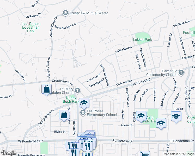 map of restaurants, bars, coffee shops, grocery stores, and more near 320 Calle Larios in Camarillo