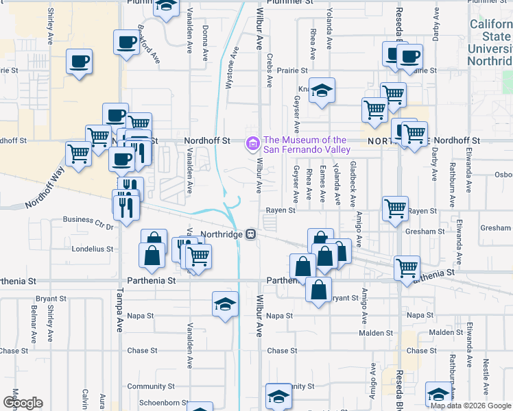 map of restaurants, bars, coffee shops, grocery stores, and more near 18900 Ledan Street in Los Angeles