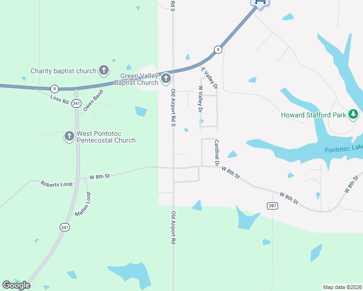 map of restaurants, bars, coffee shops, grocery stores, and more near 341 Old Airport Road South in Pontotoc