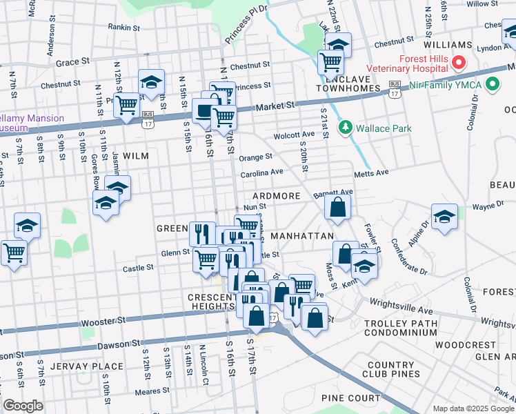 map of restaurants, bars, coffee shops, grocery stores, and more near South 18th Street in Wilmington