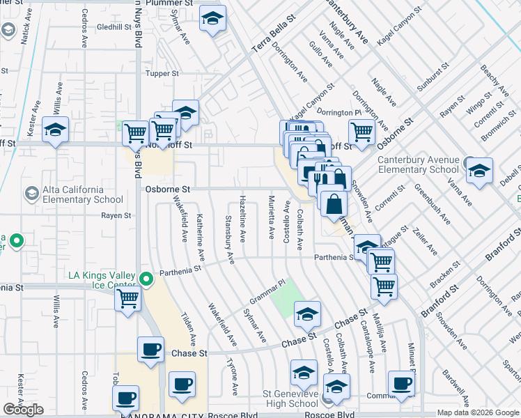 map of restaurants, bars, coffee shops, grocery stores, and more near 8914 Moonbeam Avenue in Los Angeles