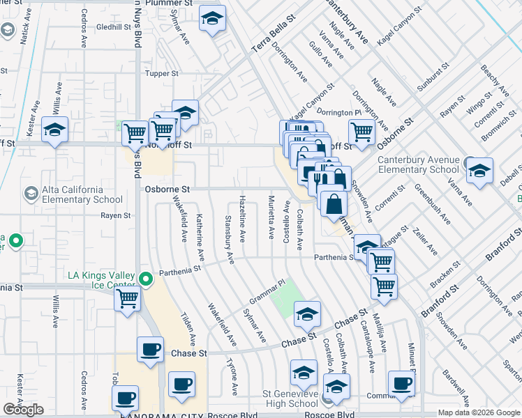 map of restaurants, bars, coffee shops, grocery stores, and more near 8914 Moonbeam Avenue in Los Angeles