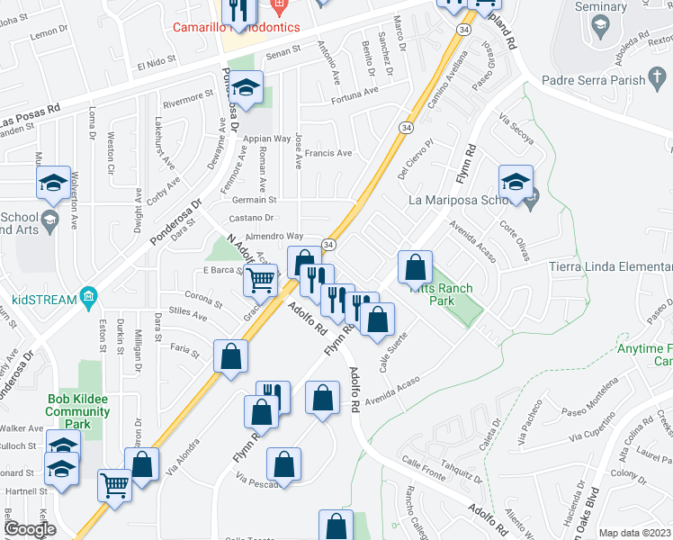 map of restaurants, bars, coffee shops, grocery stores, and more near 4600 Via Presidio in Camarillo