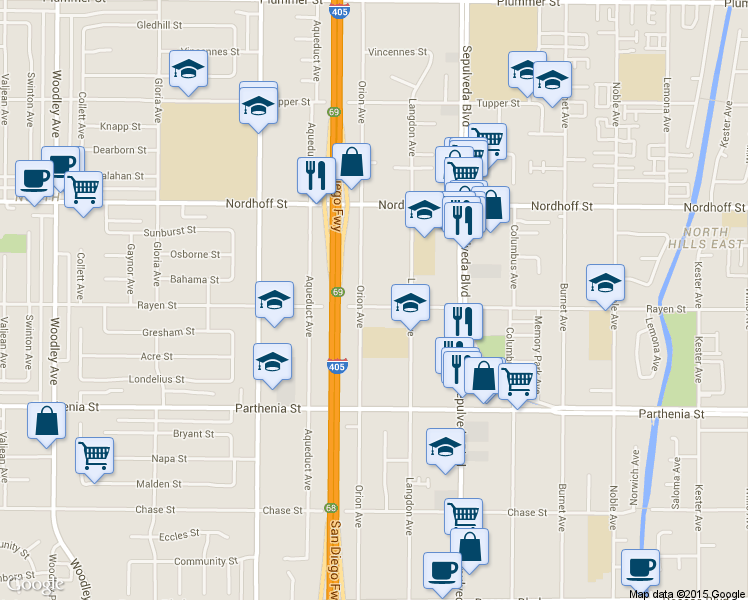 map of restaurants, bars, coffee shops, grocery stores, and more near 8852 Orion Avenue in Los Angeles