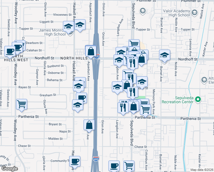 map of restaurants, bars, coffee shops, grocery stores, and more near 15543 Rayen Street in North Hills
