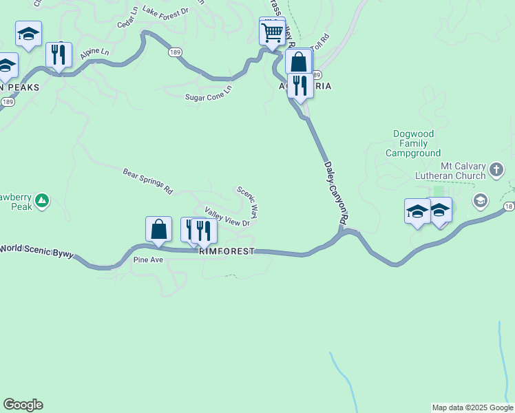 map of restaurants, bars, coffee shops, grocery stores, and more near 1187 Scenic Way in Rimforest