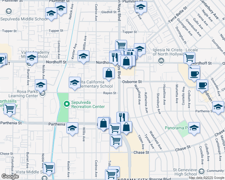 map of restaurants, bars, coffee shops, grocery stores, and more near 14625 Rayen St in Panorama City