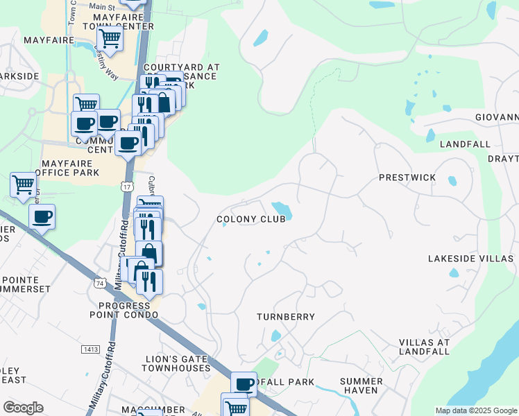 map of restaurants, bars, coffee shops, grocery stores, and more near 1706 Signature Place in Wilmington