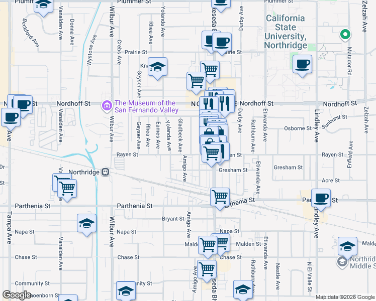 map of restaurants, bars, coffee shops, grocery stores, and more near 8823 Amigo Avenue in Los Angeles