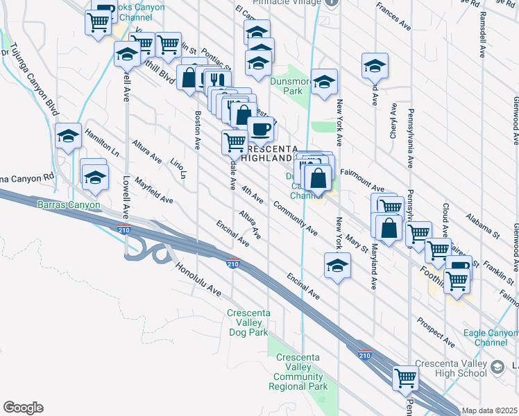 map of restaurants, bars, coffee shops, grocery stores, and more near 3650 Altura Avenue in Glendale