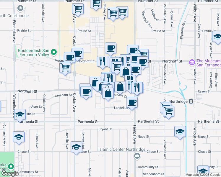 map of restaurants, bars, coffee shops, grocery stores, and more near 19431 Business Center Drive in Los Angeles