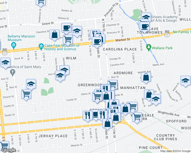 map of restaurants, bars, coffee shops, grocery stores, and more near 317 South 15th Street in Wilmington