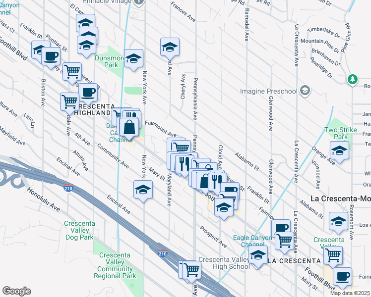 map of restaurants, bars, coffee shops, grocery stores, and more near 3200 Fairesta Street in Glendale