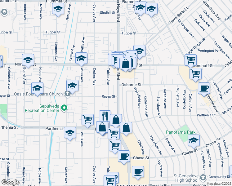 map of restaurants, bars, coffee shops, grocery stores, and more near 8849 Van Nuys Boulevard in Los Angeles