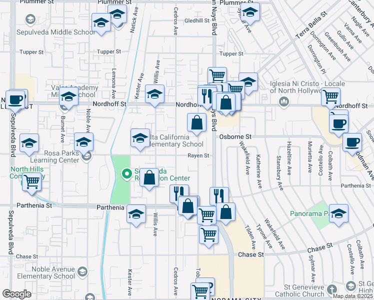 map of restaurants, bars, coffee shops, grocery stores, and more near 14654 Rayen Street in Los Angeles