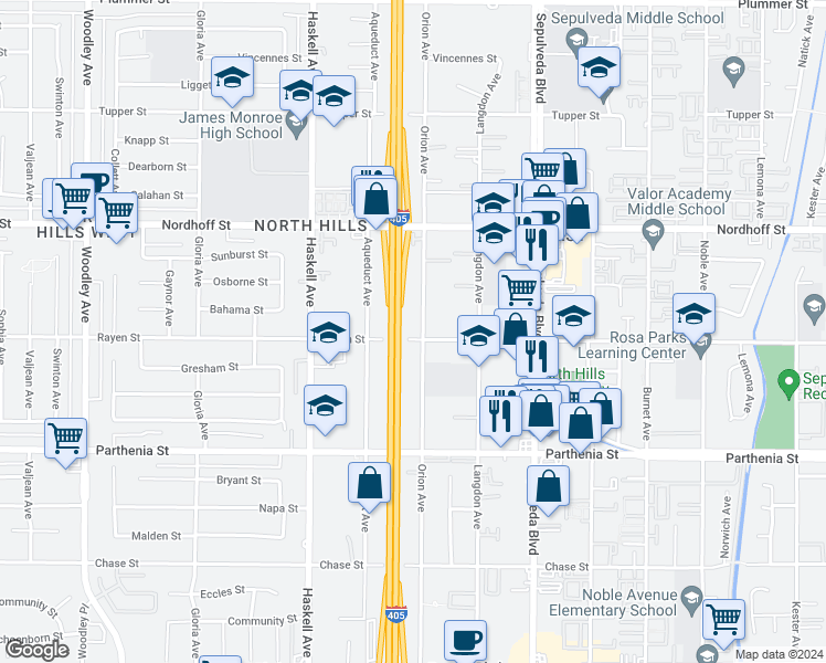 map of restaurants, bars, coffee shops, grocery stores, and more near 15566 Rayen Street in Los Angeles