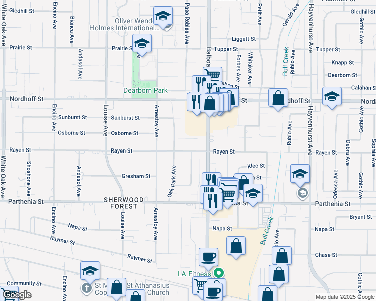 map of restaurants, bars, coffee shops, grocery stores, and more near 8835 Paso Robles Avenue in Los Angeles