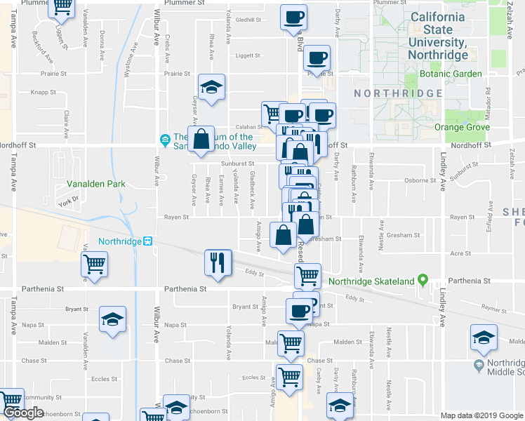 map of restaurants, bars, coffee shops, grocery stores, and more near 8823 Amigo Avenue in Los Angeles