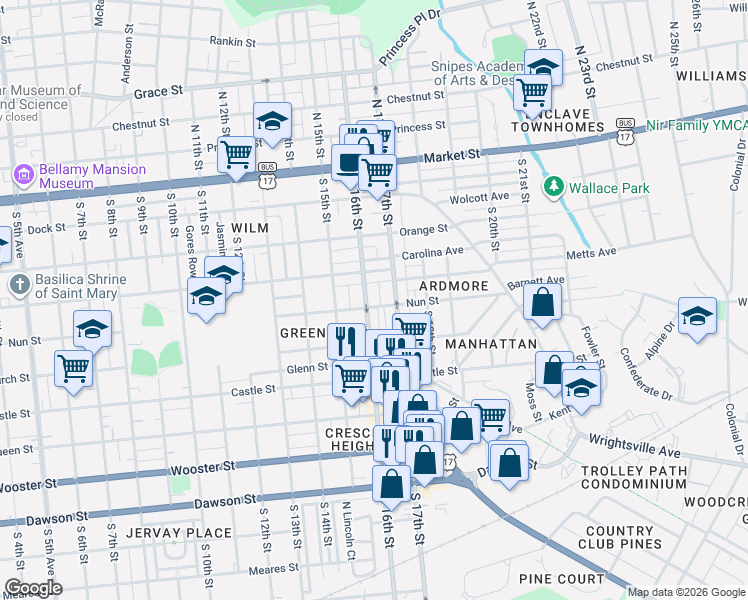 map of restaurants, bars, coffee shops, grocery stores, and more near 407 South 16th Street in Wilmington
