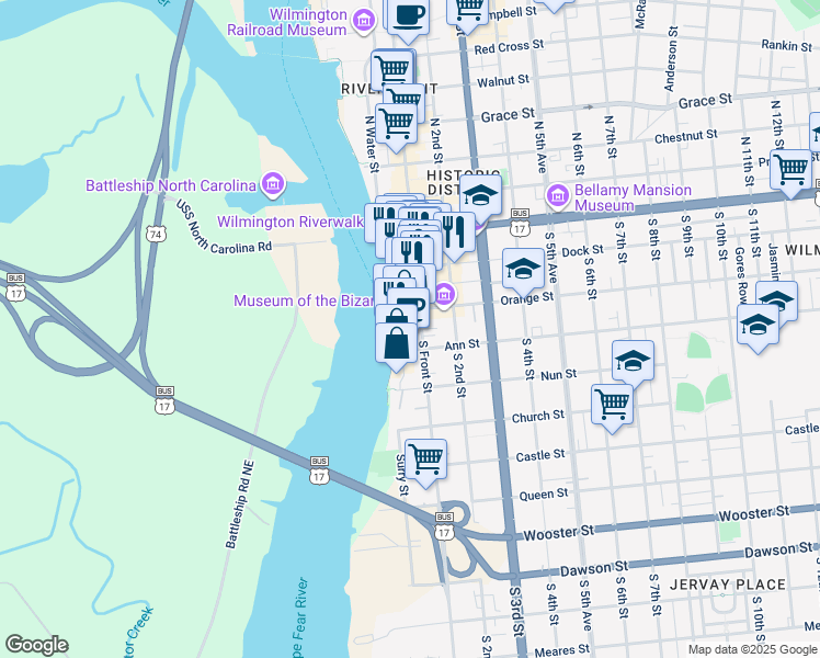 map of restaurants, bars, coffee shops, grocery stores, and more near 216 South Front Street in Wilmington