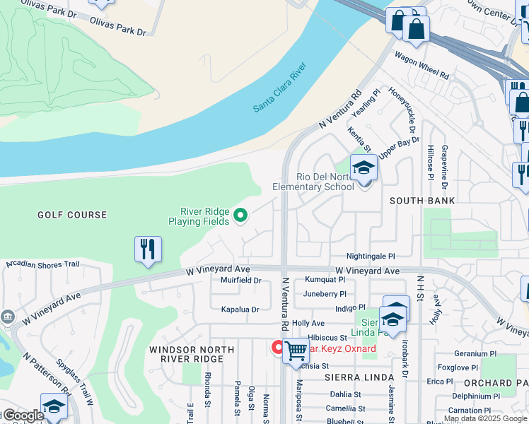 map of restaurants, bars, coffee shops, grocery stores, and more near 1604 Thorpe Trail in Oxnard