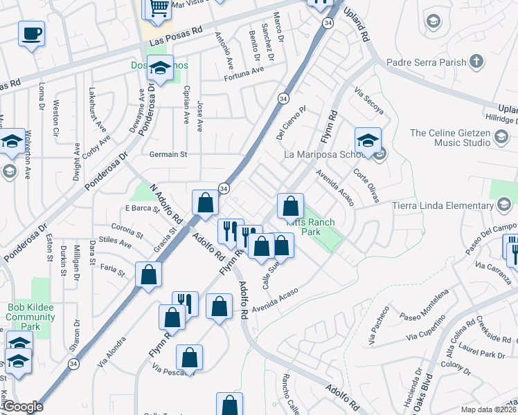 map of restaurants, bars, coffee shops, grocery stores, and more near 1571 Flynn Road in Camarillo