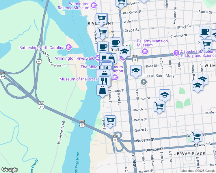 map of restaurants, bars, coffee shops, grocery stores, and more near 216 South Front Street in Wilmington