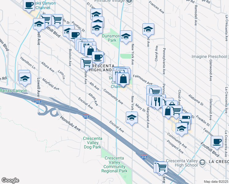 map of restaurants, bars, coffee shops, grocery stores, and more near 3502a Community Avenue in Glendale