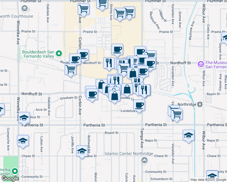 map of restaurants, bars, coffee shops, grocery stores, and more near 19431 Business Center Drive in Los Angeles