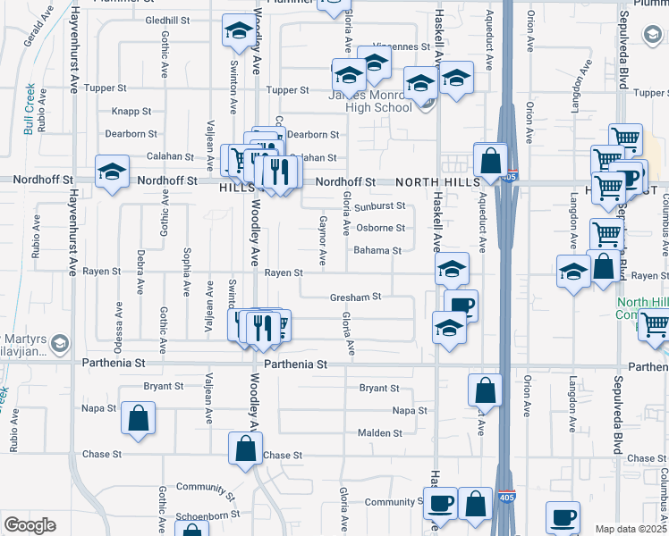 map of restaurants, bars, coffee shops, grocery stores, and more near 16013 Rayen Street in Los Angeles