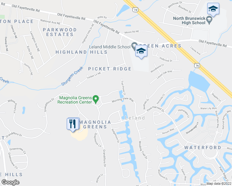 map of restaurants, bars, coffee shops, grocery stores, and more near 257 Windchime Way in Leland