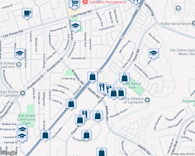 map of restaurants, bars, coffee shops, grocery stores, and more near 1431 Via Bonito in Camarillo