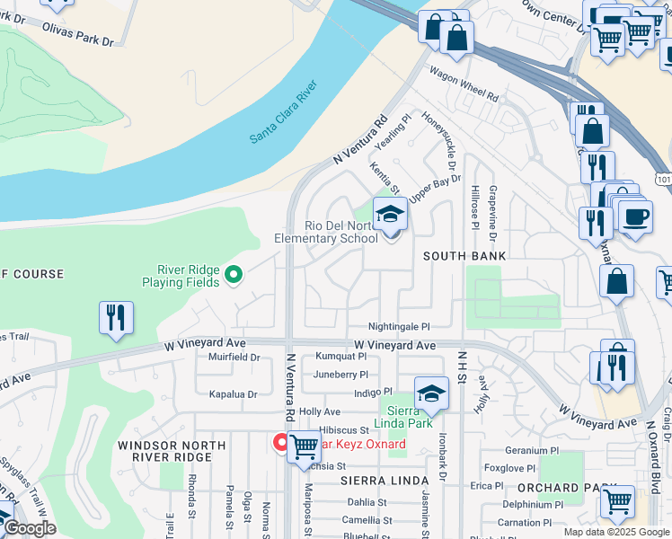 map of restaurants, bars, coffee shops, grocery stores, and more near 2420 Redwing Lane in Oxnard