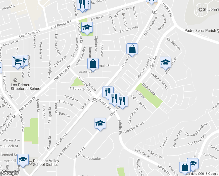 map of restaurants, bars, coffee shops, grocery stores, and more near 1431 Via Bonito in Camarillo