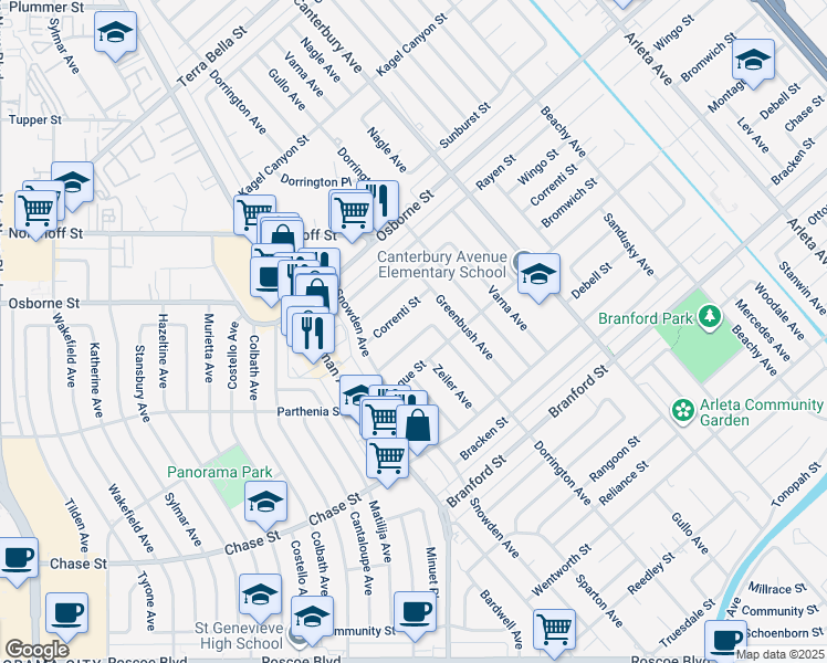 map of restaurants, bars, coffee shops, grocery stores, and more near 13817 Bromwich Street in Los Angeles