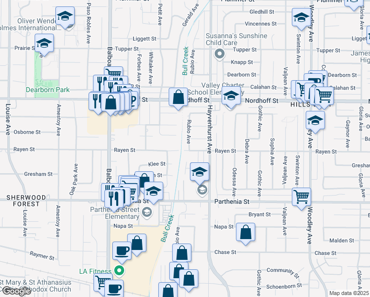 map of restaurants, bars, coffee shops, grocery stores, and more near 8901 Rubio Avenue in Los Angeles