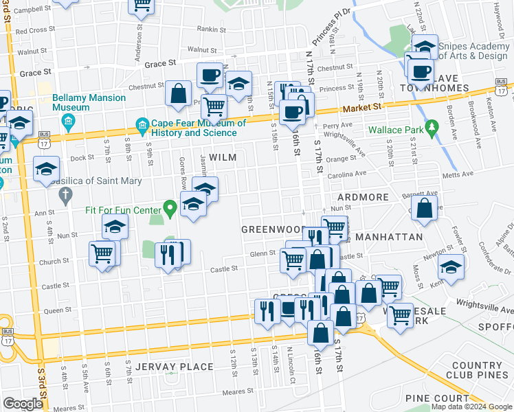 map of restaurants, bars, coffee shops, grocery stores, and more near 308 South 14th Street in Wilmington