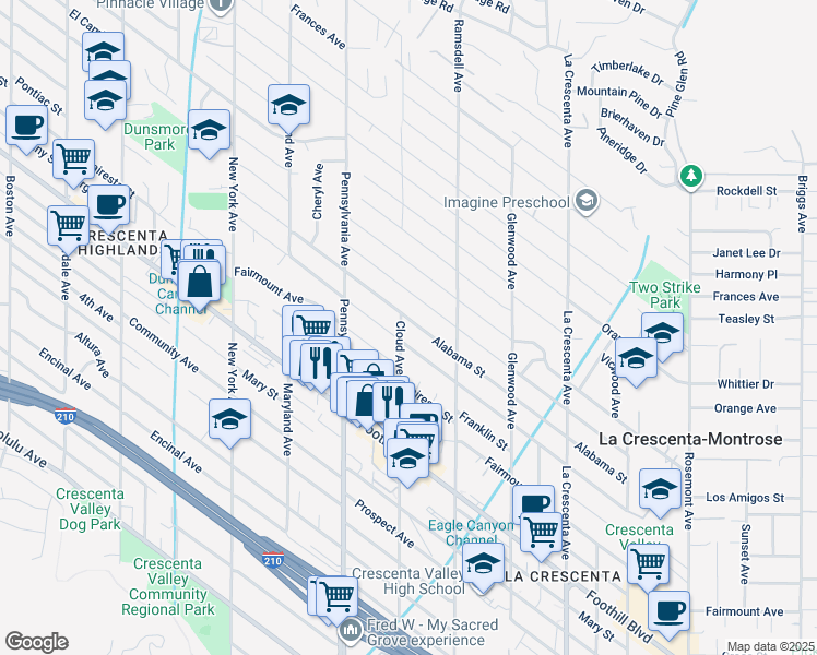 map of restaurants, bars, coffee shops, grocery stores, and more near 3052 Alabama Street in La Crescenta-Montrose
