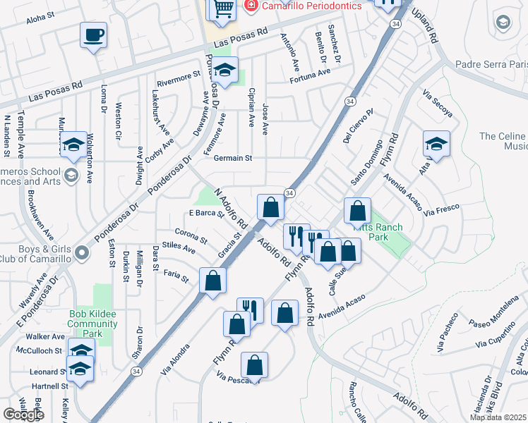 map of restaurants, bars, coffee shops, grocery stores, and more near 1462 Gracia Street in Camarillo