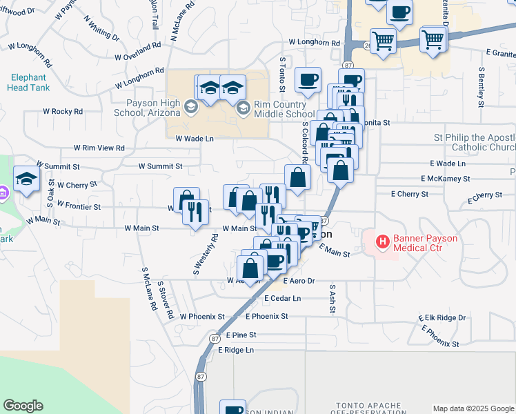map of restaurants, bars, coffee shops, grocery stores, and more near 308 West Frontier Street in Payson
