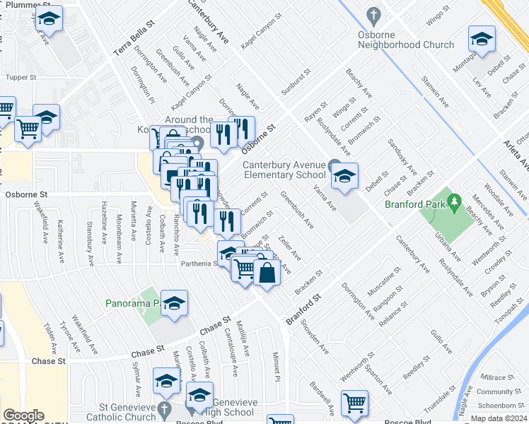 map of restaurants, bars, coffee shops, grocery stores, and more near 13817 Bromwich Street in Los Angeles