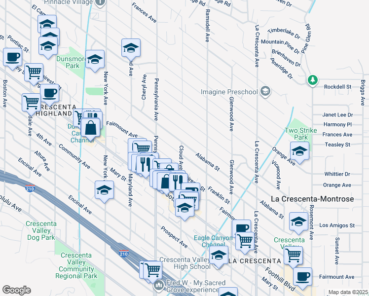 map of restaurants, bars, coffee shops, grocery stores, and more near 3052 Alabama Street in La Crescenta-Montrose