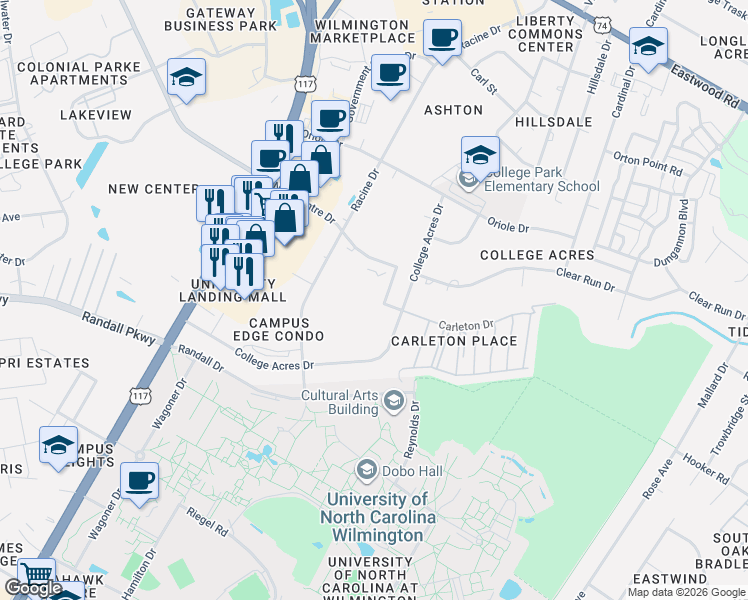 map of restaurants, bars, coffee shops, grocery stores, and more near 4861 College Acres Drive in Wilmington