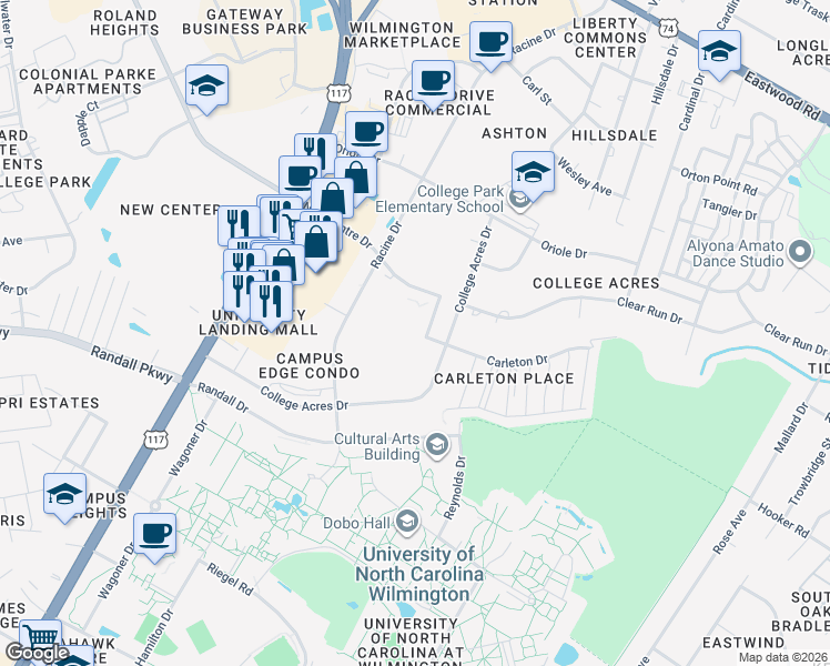 map of restaurants, bars, coffee shops, grocery stores, and more near 4861 College Acres Drive in Wilmington